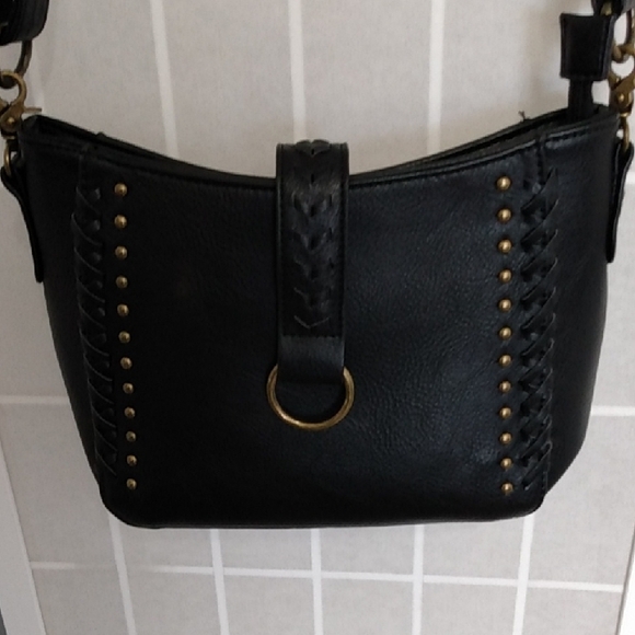 Black Faux Leather Studded Crossbody Bag With Braided Detail Adjustable Strap - Picture 2 of 16